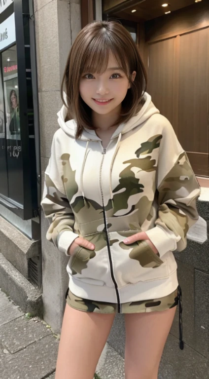 Extreme quality、Expresses skin texture to the limit、The cutest girl who works as a gravure idol、(13yo girl、Extremely beautiful face, thin cheeks、a small face、big eye、The corners of the eyes are raised、natural make up)(fair white skin)(sparkly eyes)、with shiny brown hair、((Very short bob、Fine hair、smooth straight hair、Hair hanging over the ears))、large full breasts、thin-waist、big butts((hoodie with zip、Red camouflage pattern、Short length))((Red camouflage extremely short miniskirt))red camouflage sneakers、魅惑的.。I can see the beautiful cleavage、bright expression、Bright smile。her fashion and expressions、The perfect balance of cuteness and elegance、draw the viewer in、Throughout this scene、express her charm to the fullest、Angle up to the knee、Posture of reflection、medium-full shot、