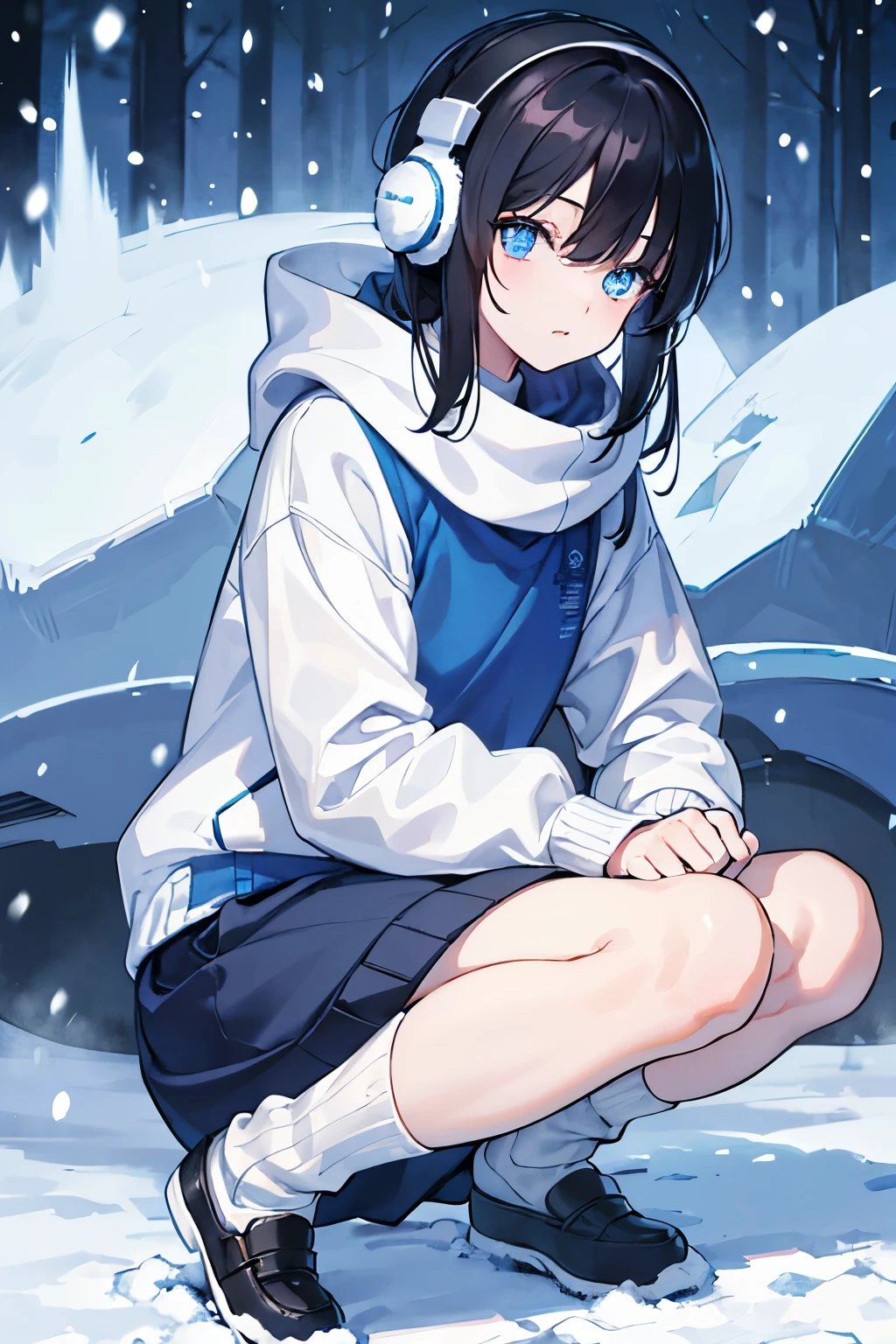 A dark-haired　blue eyess　Earmuffs　trainers　jumper　JINS　sockes　espadrilles　In the snow forest　​masterpiece　Top image quality　denoise　Clear 　cinematic shadow　Increased attractiveness of the eyes　Clear the shine of the eyes　Draw eyelashes neatly　Perfect Eye　A detailed eye　Sharpen image quality　Sharpen eye writing　Clear eye shape
