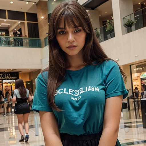 Palestinian girl with long brown hair and green eyes wearing makeup and eye liner and eye shadow blue lipstick and wearing a blue T-shirt with short sleeves with age daughter with long brown hair and bangs and green eyes wearing a black dress with short sleeves at a mall