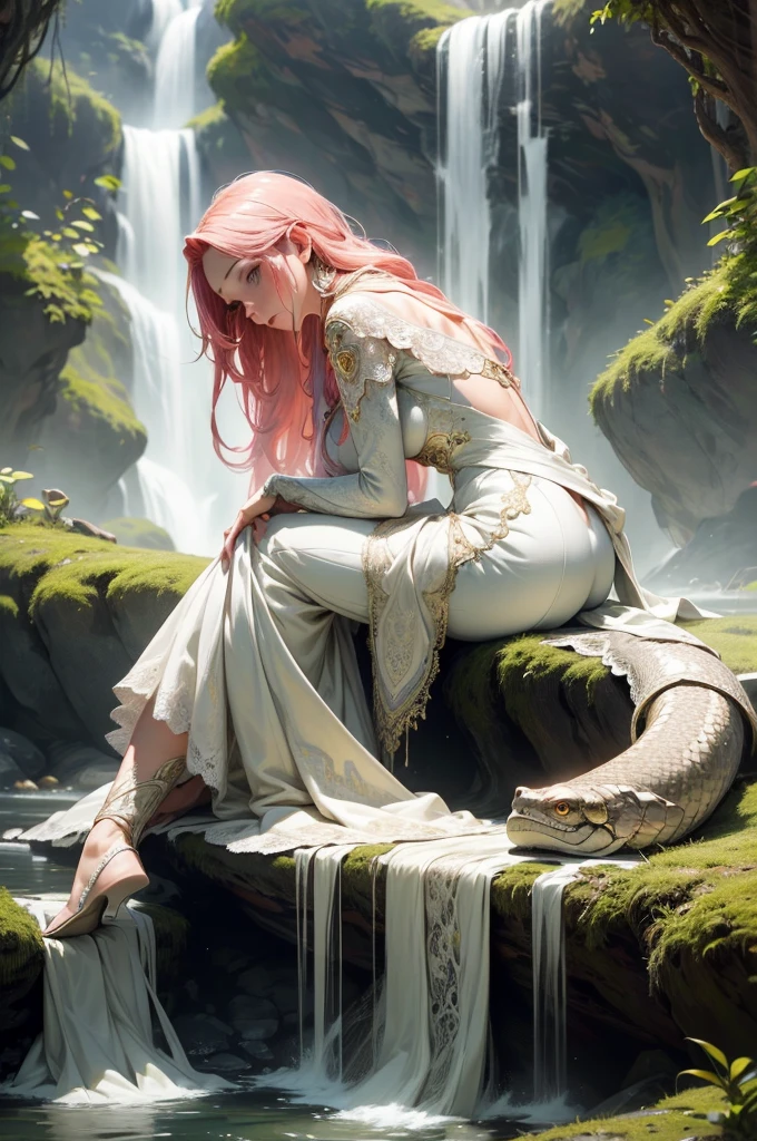 {-erro_de_anatomia:1.0}(best quality,4k,8k,highres,masterpiece:1.2), ultra-detailed, (realistic,photorealistic,photo-realistic:1.37), mature milf, illyasviel von einzbern, redhead hair, full body, vibrant colors, glowing skin, mesmerizing eyes, elegant pose, enchanting background, delicate lace dress, surreal lighting, ethereal atmosphere, mystical aura, intricate details, artistic medium, digital illustration, fantasy, anime, with a snake wrapped around her neck, bathing in a waterfall, sitting in the water, looking back
