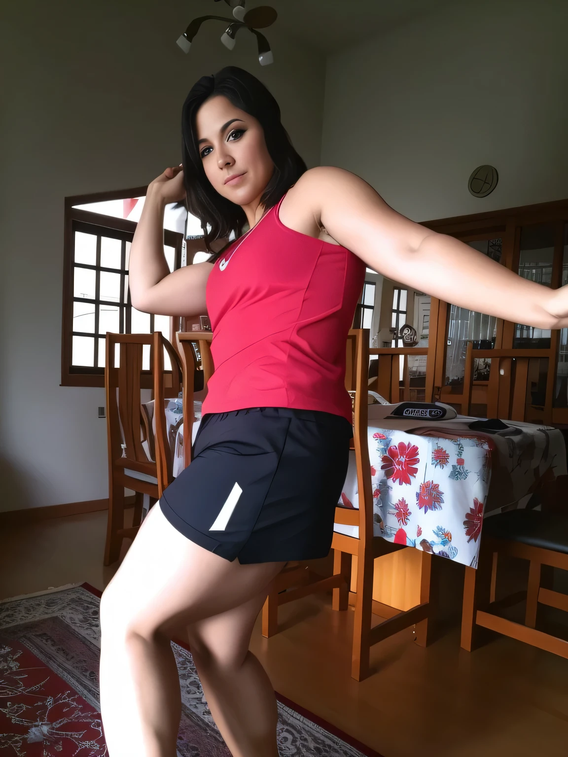woman in a red blouse and black shorts standing on a skateboard, foto fit, doing a Pose atrevida, pose lateral, Posando!!, mini-saia, de bermuda, mulher curta robusta, tiro lateral, in good physical shape, usando equipamento de fitness, Pose atrevida, cintura - tiro, pose divertida, vestindo shorts vermelhos, Posando and flexing, tiro do meio cintura para cima