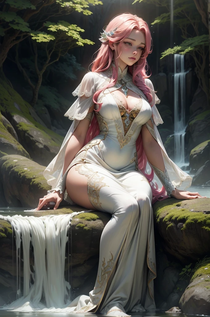 {-erro_de_anatomia:1.0}(best quality,4k,8k,highres,masterpiece:1.2), ultra-detailed, (realistic,photorealistic,photo-realistic:1.37), mature milf, illyasviel von einzbern, redhead hair, full body, vibrant colors, glowing skin, mesmerizing eyes, elegant pose, enchanting background, delicate lace dress, surreal lighting, ethereal atmosphere, mystical aura, intricate details, artistic medium, digital illustration, fantasy, anime, with a snake wrapped around her neck, bathing in a waterfall, sitting in the water
