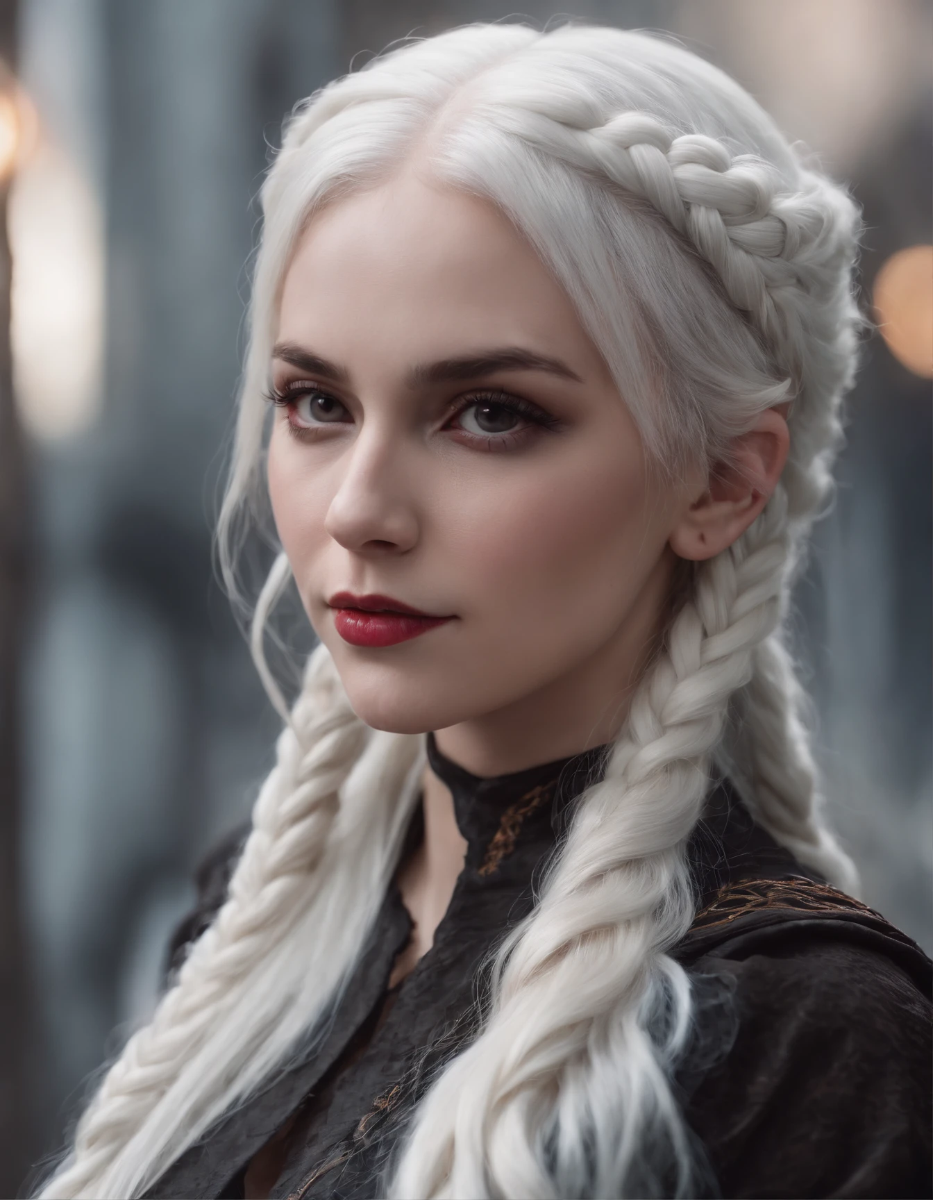 The dark beauty of the succubus,up close photo a bit muscle girl ((white hair)) (pig braid tails)