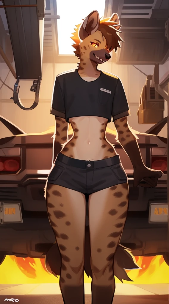 Best Quality, super detailed illustration, (1 boy:1.2), (Fluffy hyena:1.4) , The body is like a girl's, Short Hair Hair, Auto Mechanic's Clothing, predatory smile, Author: Bebebebebe, femboi, small waist, wide hips, Slim, the perfect body, DND Style, Burning eyes,