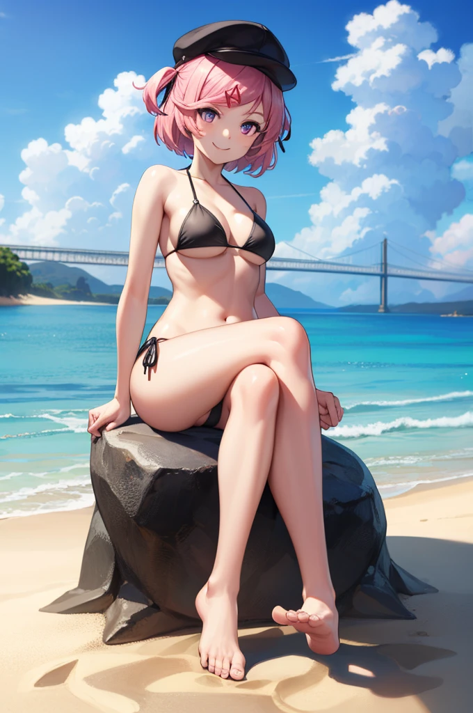 ((full body:1.4)), ddlcnatsuki, ddlcnatsuki, fang, hair ornament, pink hair, (purple eyes:1.1), short hair, short sidetail, swept bangs, x hair ornament, BREAK blazer, blue skirt,((black bikini:1.4)), x hair ornament, ((sitting on sand:1.4)), ((beach background:1.4)), ((medium breasts:1.4)), ((show feets:1.4)), ((presenting feets:1.4)) BREAK looking at viewer, BREAK indoors, classroom, BREAK (masterpiece:1.2), best quality, high resolution, unity 8k wallpaper, (illustration:0.8), (beautiful detailed eyes:1.6), extremely detailed face, perfect lighting, extremely detailed CG, (perfect hands, perfect anatomy), ((smile face:1.4)), ((sky from bellow:1.4)), ((view from below:1.4)), ((black cap:1.4))