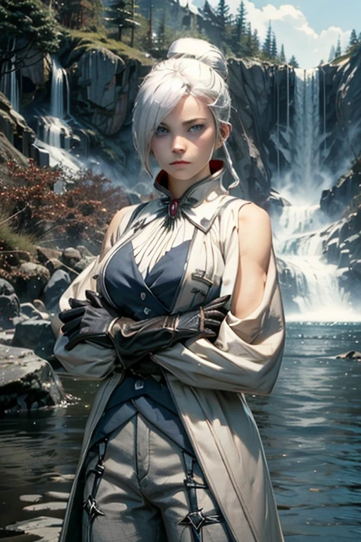 (masterpiece, best quality:1.2), cowboy shot, solo, 1girl, rwbywinter, expressionless, closed mouth, looking at viewer, crossed arms, hair over one eye, single hair bun, coat, coattails, pants, gloves, standing near waterfall