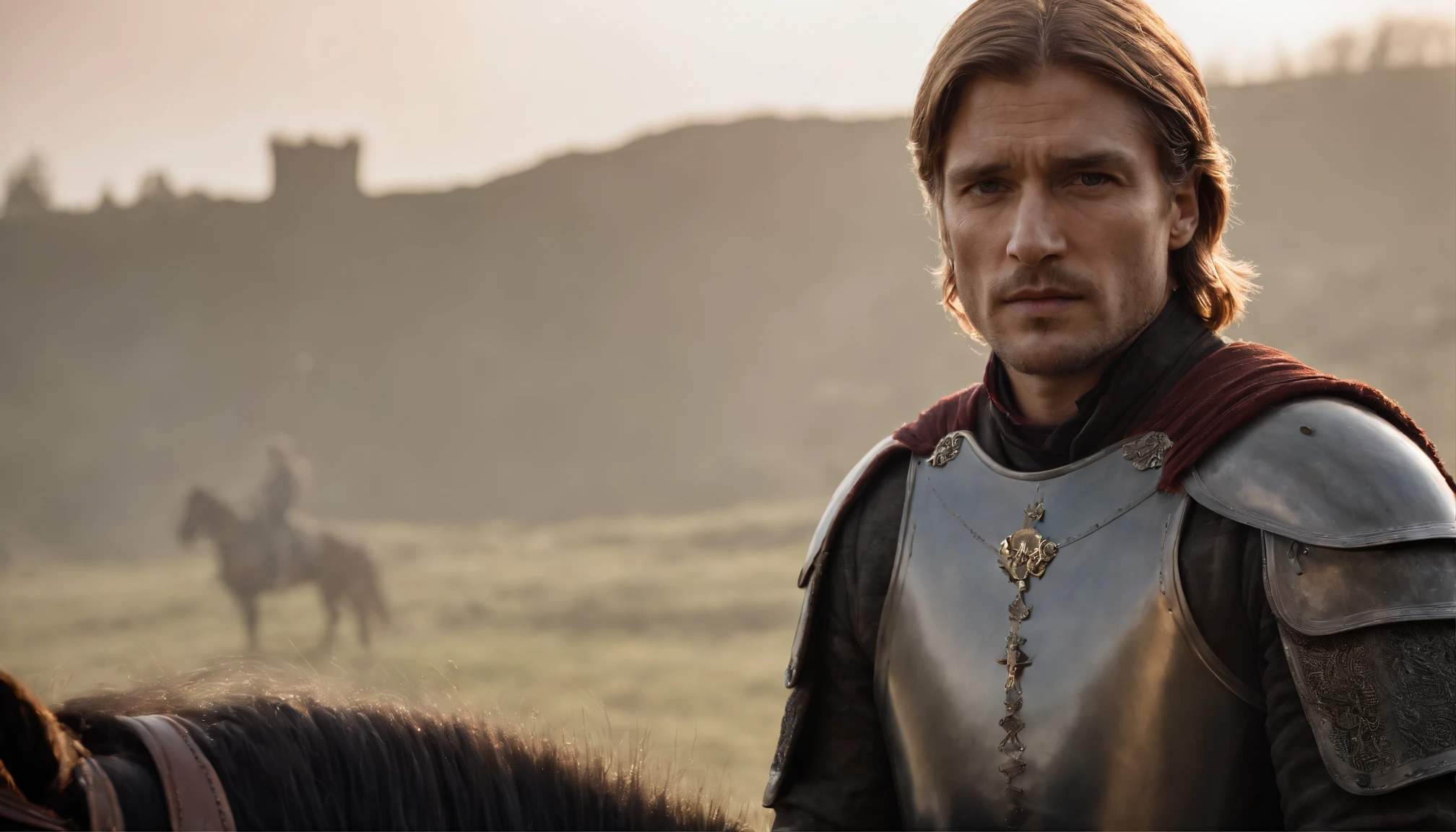(realistic), portrait of Jaime Lannister holding a heavy medieval sword from game of thrones siting on a black horse, 35yo, (medieval heavily designed copper armor), metal reflections, upper body, An intense medieval war scene in the background, medieval battleground, ultrawide shot, many soldiers fighting in the background, black smoke everywhere in the background, highly intense black clouds, gloomy sky, professional photograph of a Jaime Lannister detailed, sharp focus, dramatic, octane render unreal engine, volumetrics dtx, (film grain, blurry background, sunset, motion blur:1.3), intense cinematic lighting, cinematic lighting, blurry foreground, bokeh, depth of field, high detail, cowboy shot, Wide-Angle, Ultra-Wide Angle, f/1.8, vignetting, Gothic art, Action painting, award winning, UHD