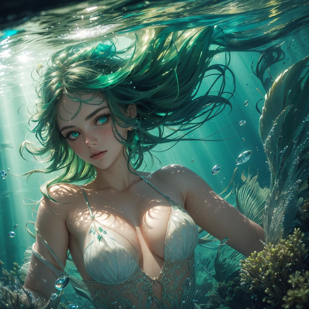 Photorealistic portrait of incredibly beautiful young woman, stunning green eyes, multicolor hair, underwater at night, rays of filtered moonlight in the water illumination. intricate details, HDR, beautifully shot, hyperrealistic, sharp focus, 64 megapixels, perfect composition, high contrast, cinematic, atmospheric, moody