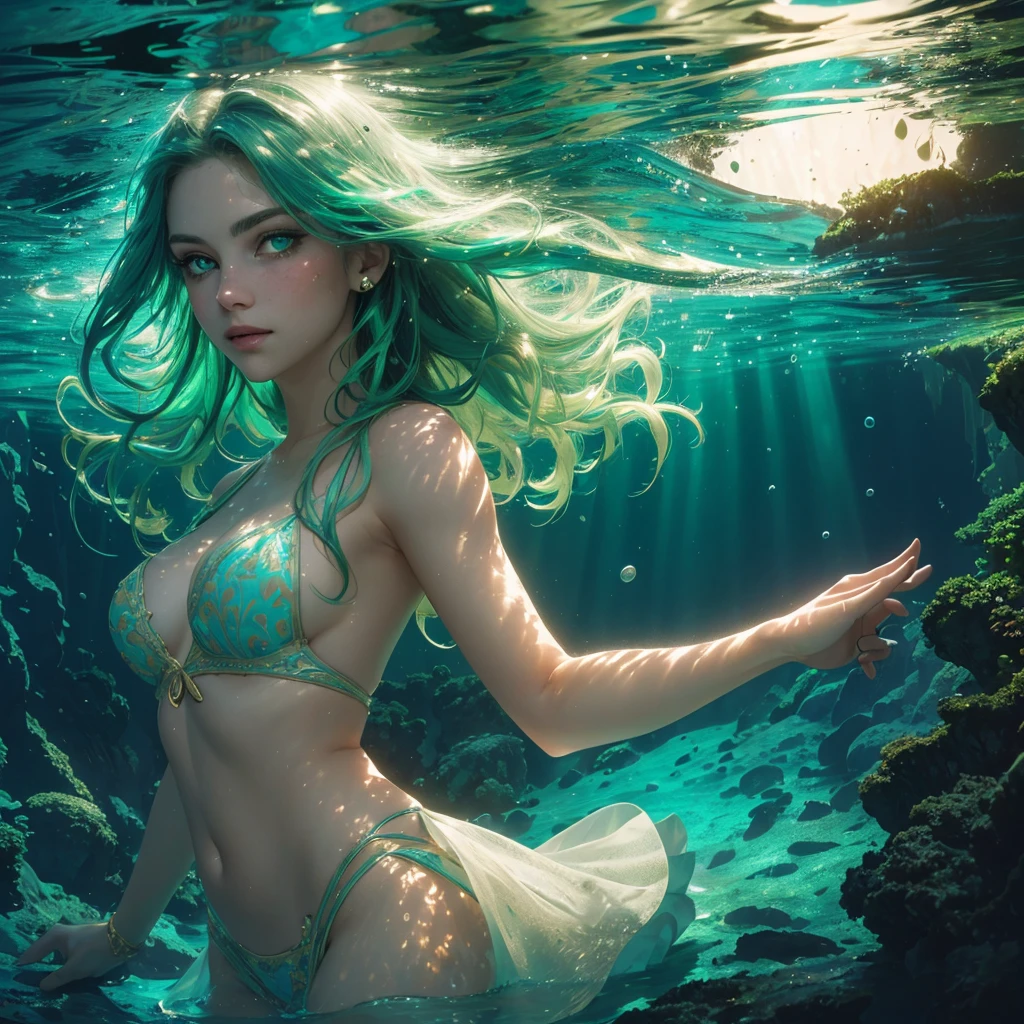 Photorealistic portrait of incredibly beautiful young woman, stunning green eyes, multicolor hair, underwater at night, rays of filtered moonlight in the water illumination. intricate details, HDR, beautifully shot, hyperrealistic, sharp focus, 64 megapixels, perfect composition, high contrast, cinematic, atmospheric, moody