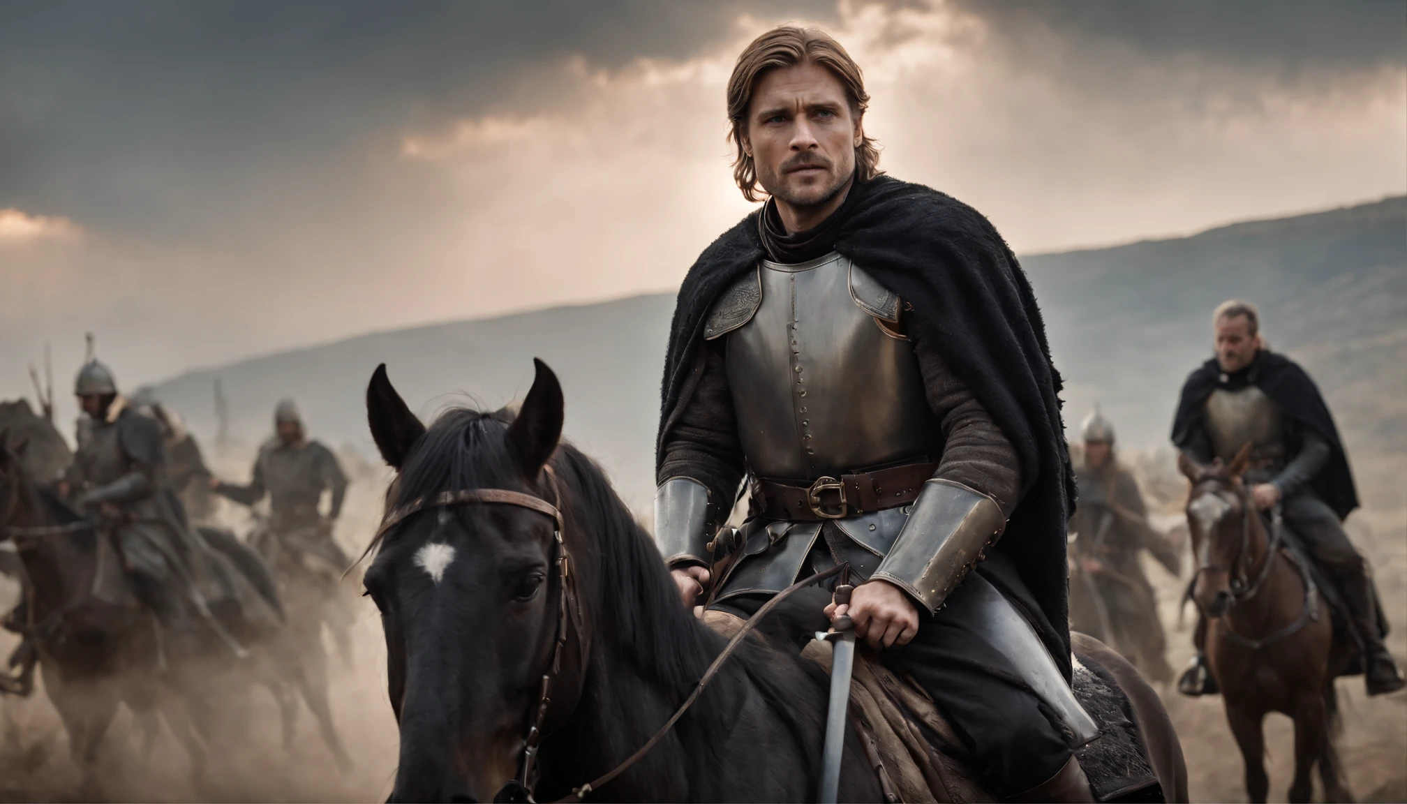 (realistic), portrait of Jaime Lannister holding a heavy medieval sword from game of thrones siting on a black horse, 35yo, (medieval heavily designed copper armor), metal reflections, upper body, An intense medieval war scene in the background, medieval battleground, ultrawide shot, many soldiers fighting in the background, black smoke everywhere in the background, highly intense black clouds, gloomy sky, professional photograph of a Jaime Lannister detailed, sharp focus, dramatic, octane render unreal engine, volumetrics dtx, (film grain, blurry background, sunset, motion blur:1.3), intense cinematic lighting, cinematic lighting, blurry foreground, bokeh, depth of field, high detail, cowboy shot, Wide-Angle, Ultra-Wide Angle, f/1.8, vignetting, Gothic art, Action painting, award winning, UHD