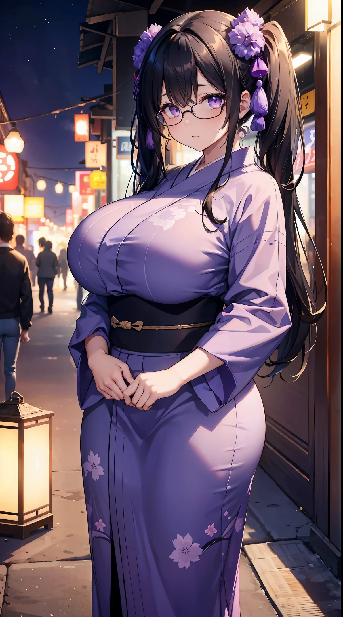 absurd, 8k, high resolution, ultra detailed, wallpaper, perfect lighting, beautiful skin, perfect shadows, beautiful eyes, detailed eyes, detailed face, masterpiece, best quality, highlight, full body, a young girl, voluptuous body, face with embarrassed expression, huge breasts, huge thighs, wears a modest and elegant yukata, is at a festival at night, black hair with two pigtails and long bangs covering one eye, purple eyes, wears glasses