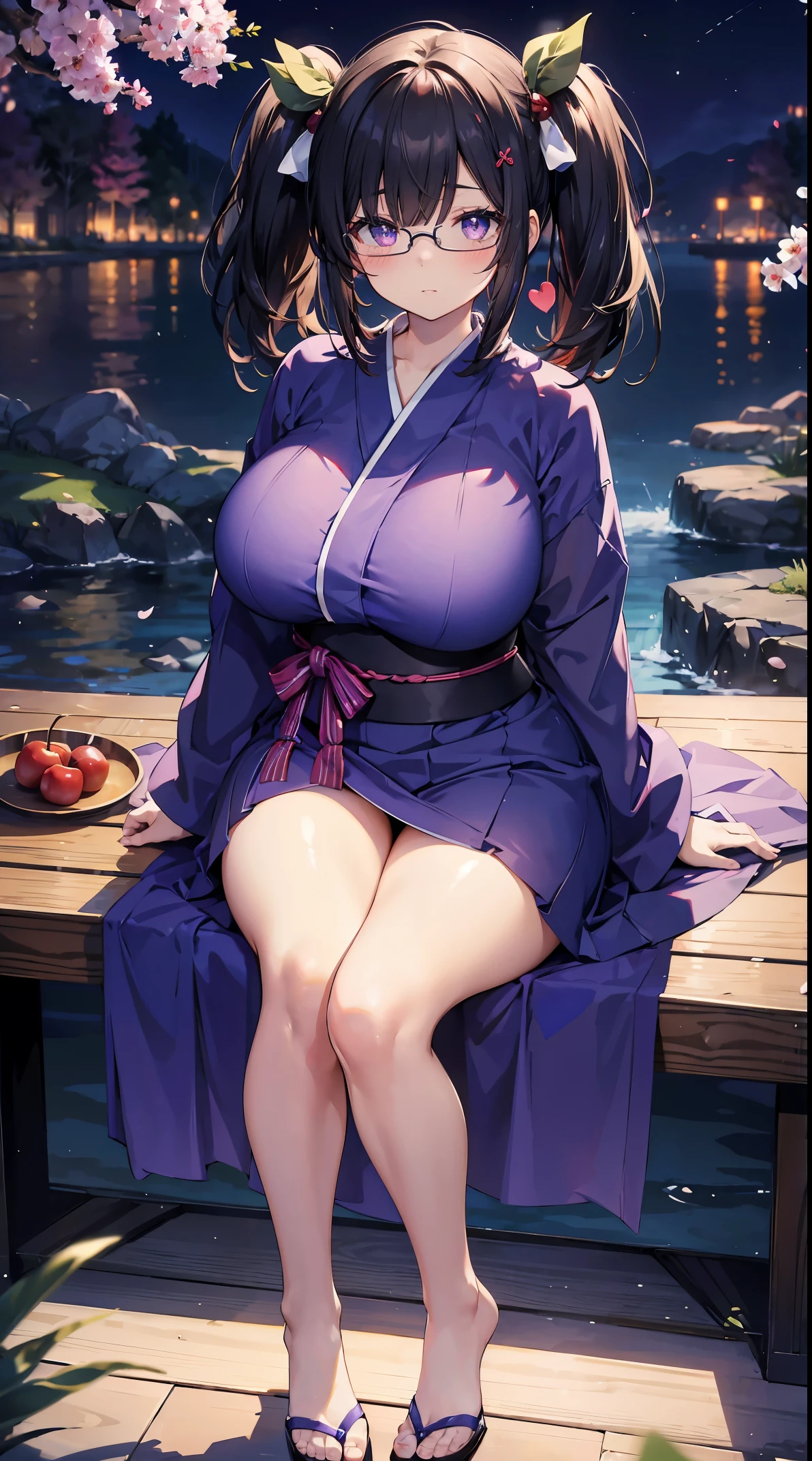 absurd, 8k, high resolution, ultra detailed, wallpaper, perfect lighting, beautiful skin, perfect shadows, beautiful eyes, detailed eyes, detailed face, masterpiece, best quality, highlight, full body, girl, voluptuous body, face with shy expression, She is very embarrassed, huge breasts, huge thighs, she wears a neat and elegant yukata, she is surrounded by cherry trees at night, black hair with two pigtails and long bangs covering one eye, purple eyes with heart-shaped pupils, wear glasses