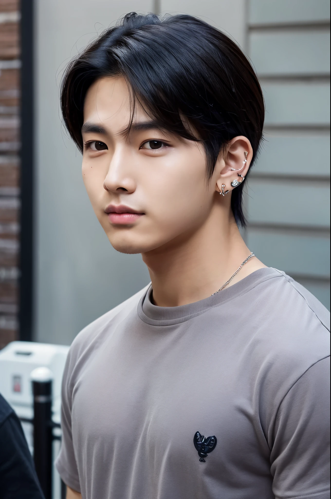 Young man, extremely attractive, muscular, korean, wearing black shirt, ear and lip piercings, tattoed, no facial hair