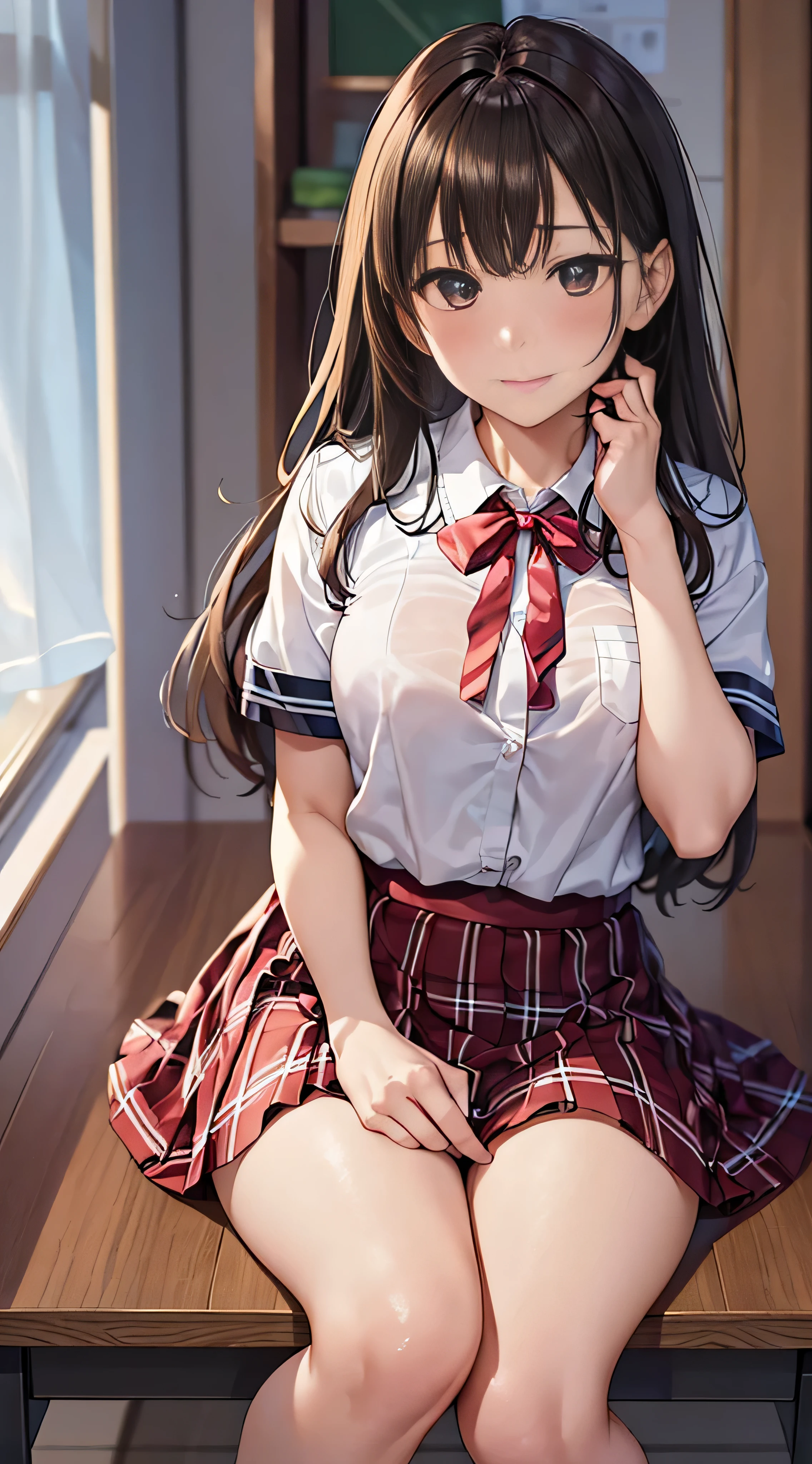 ((masutepiece, Best Quality, hight resolution, nffsw, Perfect Pixel, 4K, nffsw, nffsw))), 1girl in, Single, Solo, Beautie、full body seen、 ((Medium length wavy hair, Bangs, Brown hair)), ((Brown-eyed, Beautiful eyelashes, Realistic eyes)), ((Detailed face, Blushing:1.2)), ((Smooth texture:0.75, Realistic texture:0.65, Photorealistic:1.1, Anime CG style)), medium breasts, Dynamic Angle, Perfect body, ((School uniform, white shirt with a red ribbon on the chest, Black skirt, Unbuttoned shirt、plaid skirts、I'm not wearing shoes、White Sox)), Classrooms without people、Sit on a desk、Lower'I took my foot off the desk......................................、early evening、、、Very embarrassing panic smile、(((Lift the skirt with both hands、Open both legs、Open your knees wide、Pink floral lace panties)))、、Cute floral bra、Angle from below