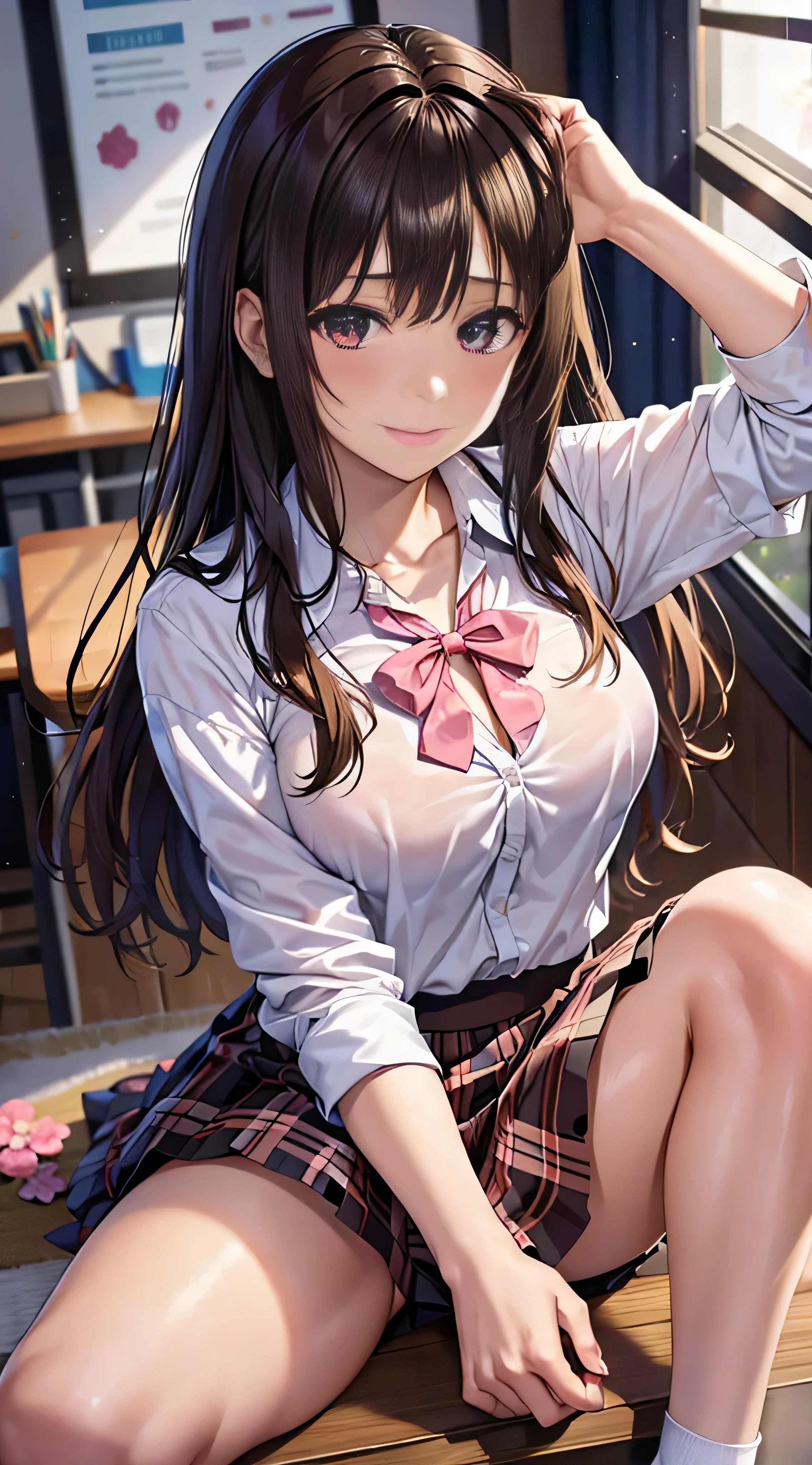 ((masutepiece, Best Quality, hight resolution, nffsw, Perfect Pixel, 4K, nffsw, nffsw))), 1girl in, Single, Solo, Beautie、full body seen、 ((Medium length wavy hair, Bangs, Brown hair)), ((Brown-eyed, Beautiful eyelashes, Realistic eyes)), ((Detailed face, Blushing:1.2)), ((Smooth texture:0.75, Realistic texture:0.65, Photorealistic:1.1, Anime CG style)), medium breasts, Dynamic Angle, Perfect body, ((School uniform, white shirt with a red ribbon on the chest, Black skirt, Unbuttoned shirt、plaid skirts、I'm not wearing shoes、White Sox)), Classrooms without people、Sit on a desk、Lower'I took my foot off the desk......................................、early evening、、、Very embarrassing panic smile、(((Lift the skirt with both hands、Open both legs、Open your knees wide、Pink floral lace panties)))、、Cute floral bra、Angle from below