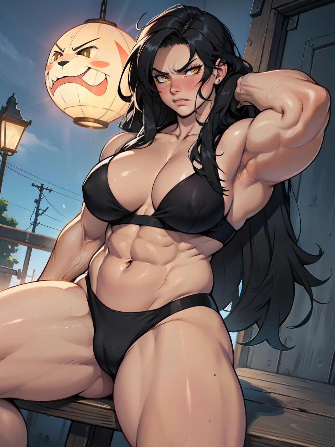 1girl muscular muscular muscular muscular toned body huge muscles thick thighs thick thick thick solo black hair yellow eyes very long hair pale skin angry blushing girlnight time