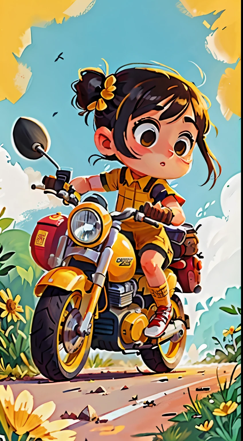 A girl in a yellow delivery uniform riding a yellow motorbike in a medium shot. The girl has beautiful detailed eyes, beautiful detailed lips, and an extremely detailed face. Her eyelashes are long and distinct. The artwork is a flat illustration style, giving it a graphic and vibrant look. The background is simple, with a clean white color that allows the girl and the motorbike to stand out. The image is of the best quality, with 8K UHD resolution and high detail, ensuring every aspect is crystal clear. The colors are vivid, emphasizing the yellow tones of the girl's uniform and the motorbike. The lighting is bright and even, enhancing the overall clarity and focus of the scene.