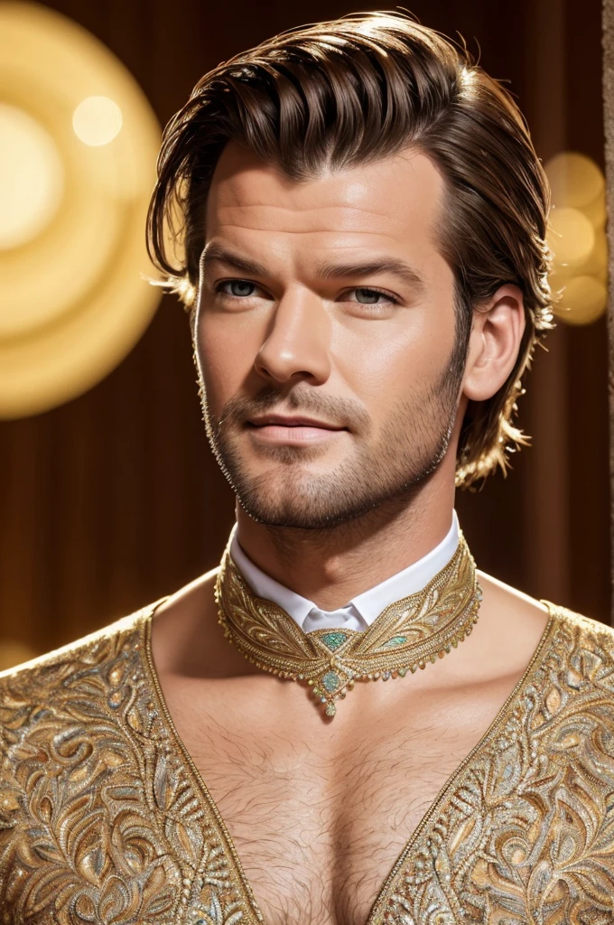 (La mejor calidad,4k,8k,Altas Resoluciones,Obra maestra:1.2),retrato,realista,actor,celebridad,Kivanc Tatlitug,encantador,ojos hipnotizantes color hazel,rastrojo,light brown hair strong jawline,mirada intensa,Traje elegante,Sonrisa confiada,colores vibrantes,Elegant backdrop,Pro Lighting