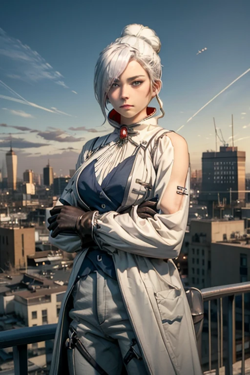 (masterpiece, best quality:1.2), cowboy shot, solo, 1girl, rwbywinter, expressionless, closed mouth, looking at viewer, crossed arms, hair over one eye, single hair bun, coat, coattails, pants, gloves, standing on balcony, cityscape background