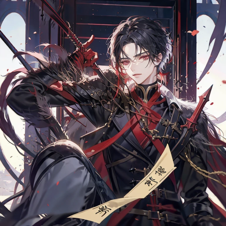 personagem de anime com cabelo comprido e roupa vermelha segurando uma espada, por Yang J, cara bonito na arte demon slayer, Beautiful androgynous prince, inspirado em Bian Shoumin, Keqing de Genshin Impact, pintura de personagem bonita, inspirado em Hong Ren, Zhongli, Genshin Impact, Deus masculino bonito da morte, inspirado por Huang Shen, epic exquisite character art.