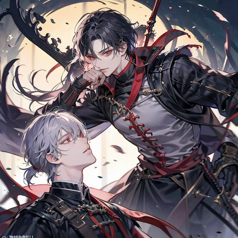 personagem de anime com cabelo comprido e roupa vermelha segurando uma espada, por Yang J, cara bonito na arte demon slayer, Beautiful androgynous prince, inspirado em Bian Shoumin, Keqing de Genshin Impact, pintura de personagem bonita, inspirado em Hong Ren, Zhongli, Genshin Impact, Deus masculino bonito da morte, inspirado por Huang Shen, epic exquisite character art.