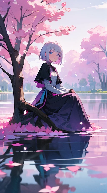 Shy 16 year old girl in a gothic dress with short white hair and light blue eyes with a shy smile, sitting in a lake surrounded by trees with pink petals flying around her, con grandes nubes en el cielo de color morado transparentes,
DarkFantasy, sombreado fuerte.