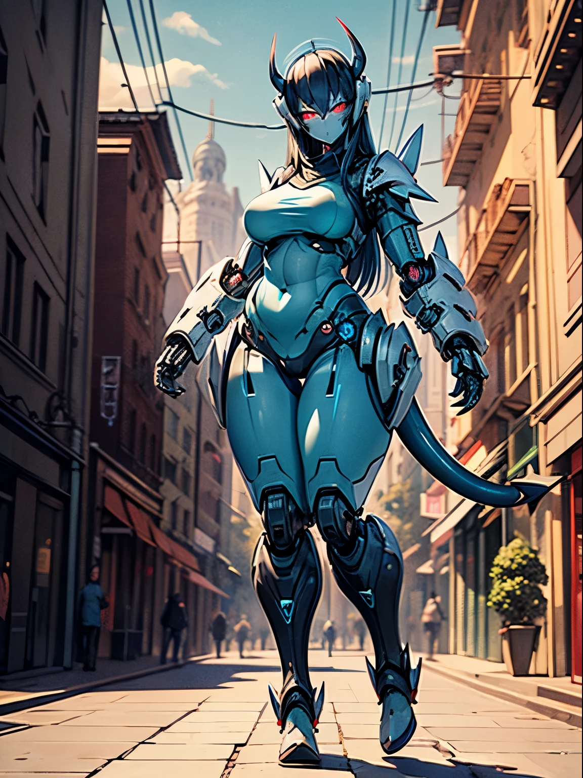 Non humanoid robot, robot girl, long_black_hair, face mask, full body armor, blue skin, demon, long_tail, chubby_female,red_eyes, spikes, claws, thicc_thighs , city _background