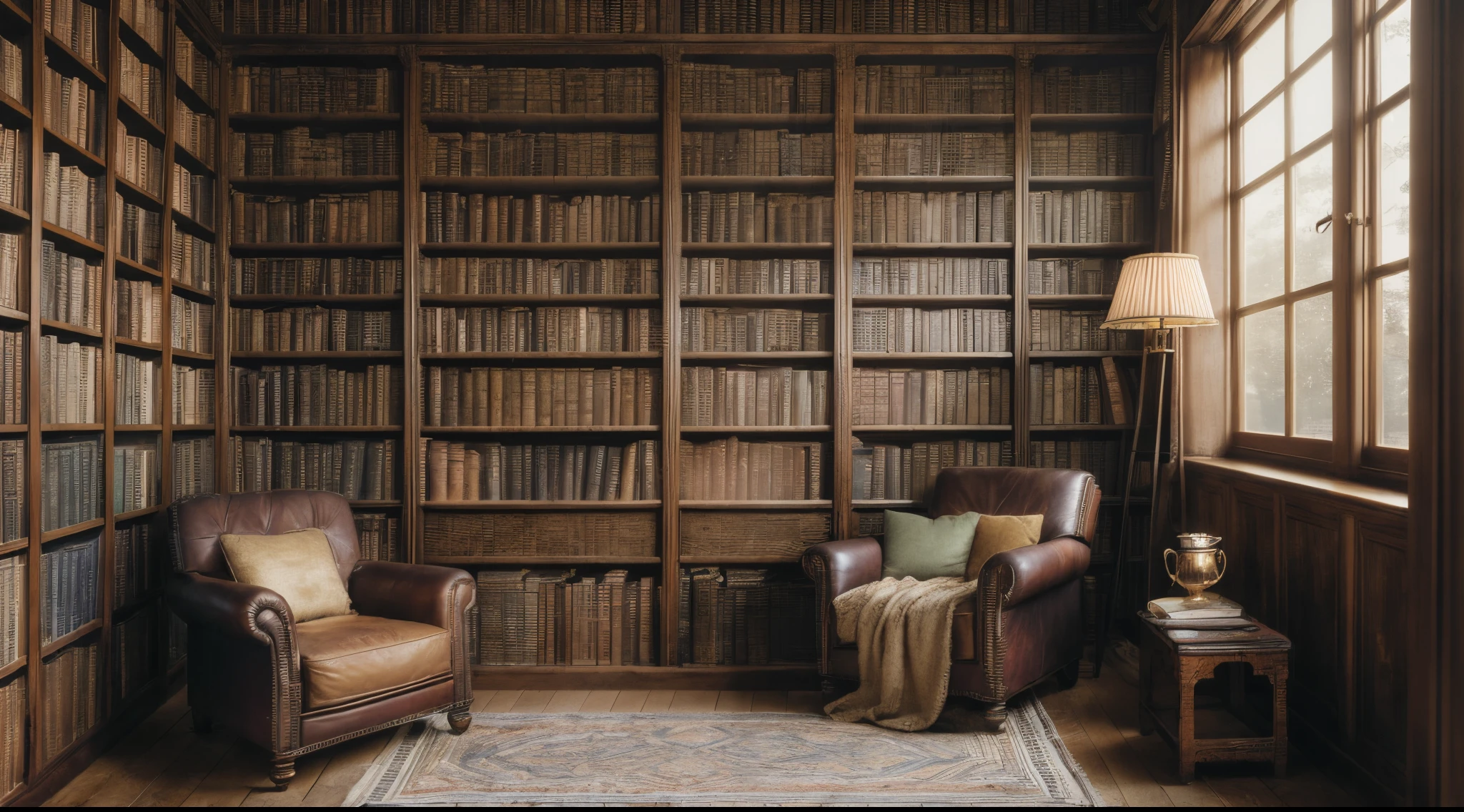 (masterpiece, detailed, high resolution:1.2), blurred bookshelf, (vintage wooden shelves:1.1), (rows of colorful books:1.2), (aged leather bindings:1.2), (dusty atmosphere:1.1), (soft golden light filtering:1.2), (cozy reading nook:1.1), (comfortable armchair:1.1), (plush cushions:1.2), (warm woolen blanket:1.1), (steaming cup of tea:1.2), (faint scent of old books:1.2), (dreamy ambiance:1.1), (peaceful escape:1.1), (bokeh effect:1.2), (subtle vignette:1.1)