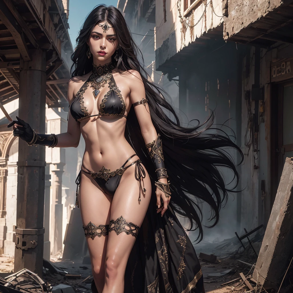 Photorealistic full-body image of incredibly beautiful woman, dark mysterious eyes, dark long hair, alluring athletic woman, perfect face, perfect eyes, perfect body, tan skin, (wearing ornate jeweled metal bikini:1.2), intricate details, desolate futuristic wasteland background. HDR, beautifully shot, hyperrealistic, sharp focus, 64 megapixels, perfect composition, high contrast, cinematic, atmospheric, moody