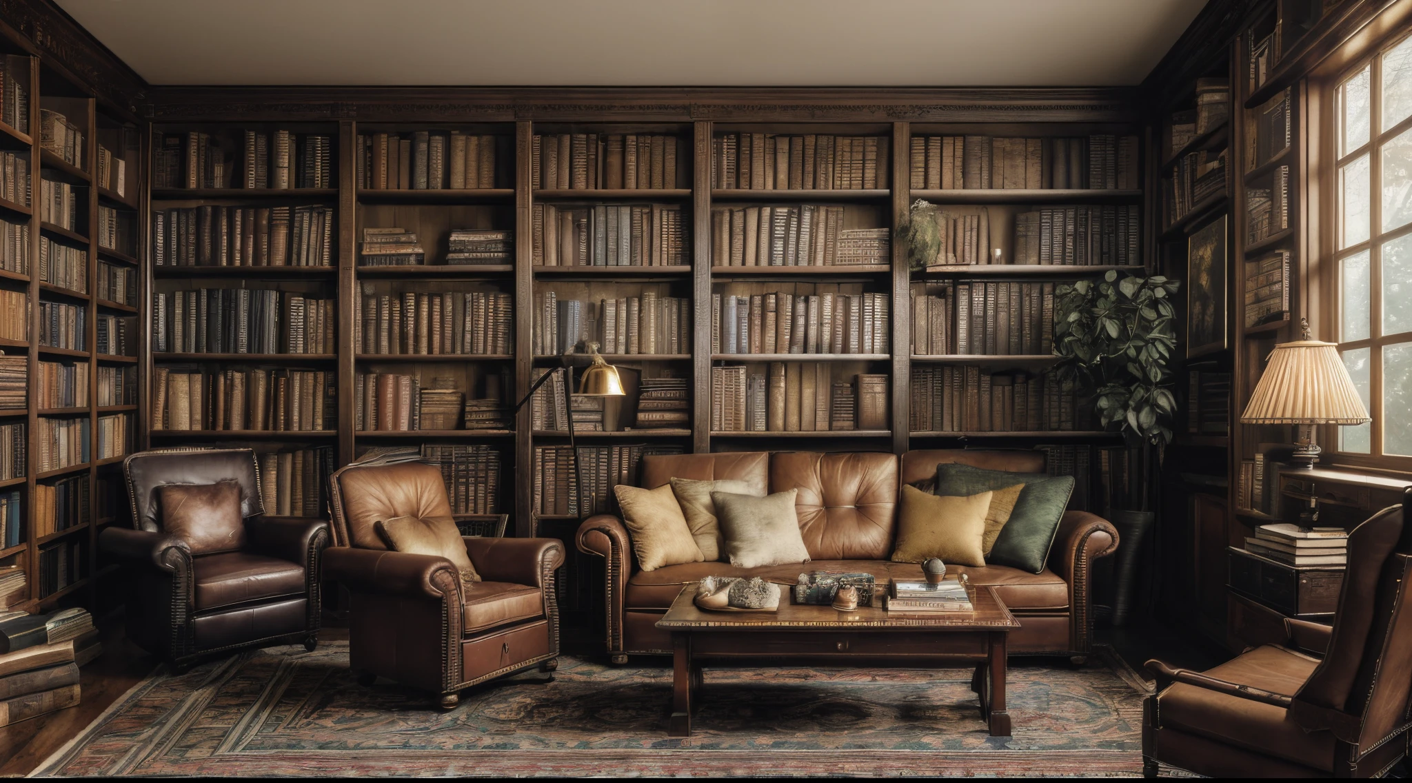 (masterpiece, detailed, high resolution:1.2), blurred bookshelf, (vintage wooden shelves:1.1), (rows of colorful books:1.2), (aged leather bindings:1.2), (dusty atmosphere:1.1), (soft golden light filtering:1.2), (cozy reading nook:1.1), (comfortable armchair:1.1), (plush cushions:1.2), (warm woolen blanket:1.1), (steaming cup of tea:1.2), (faint scent of old books:1.2), (dreamy ambiance:1.1), (peaceful escape:1.1), (bokeh effect:1.2), (subtle vignette:1.1)