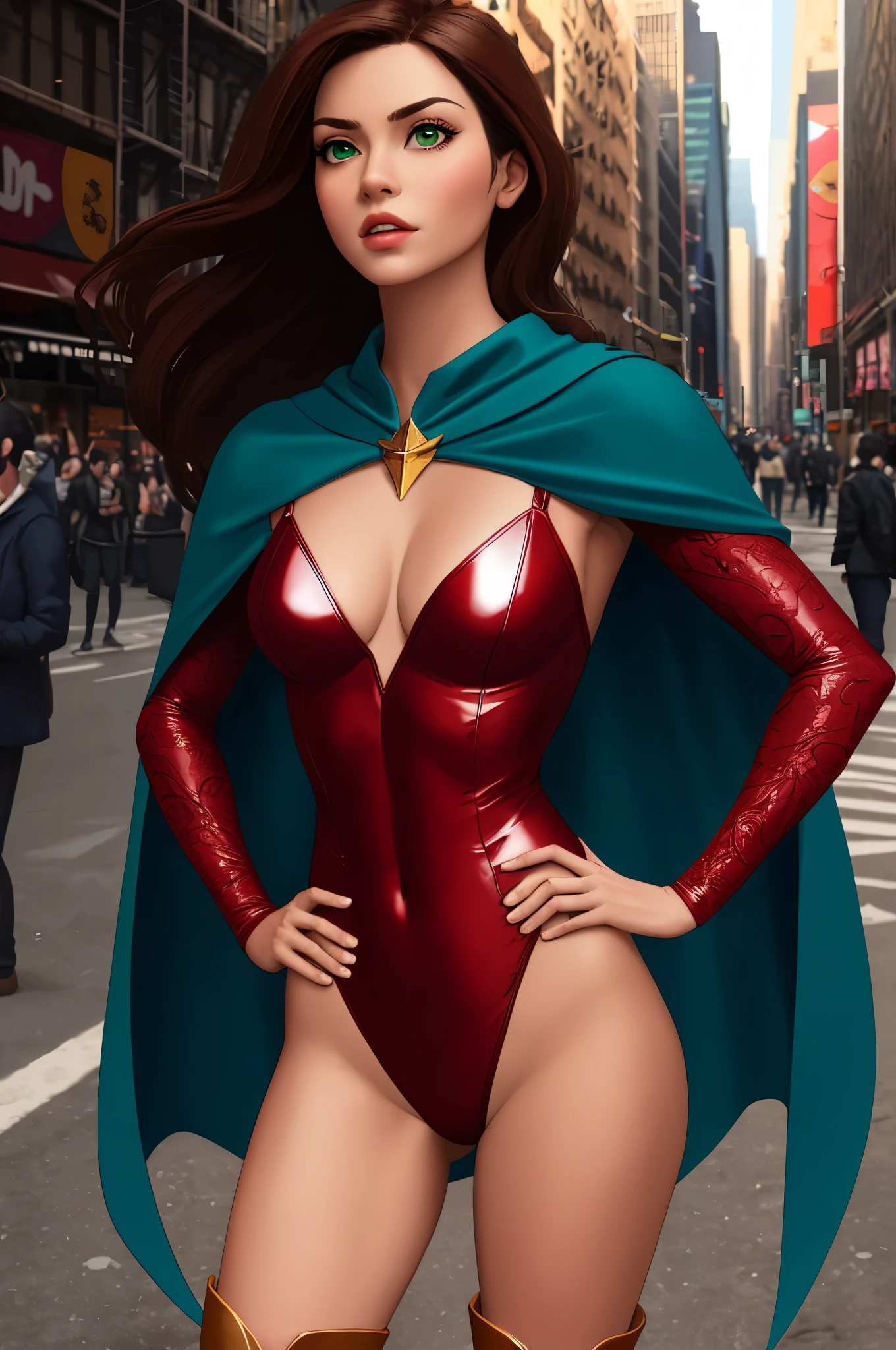 ((best quality)), ((masterpiece)), ((ultra realistic)), (dynamic heroic pose), american, beautiful detailed face, detailed eyes, sexy reporter, dressed in a red leotard, new york city backdrop, highly detailed, professional, bare legs, full body), hands on hip, standing, brown hair, medium hair, green eyes, matching boots, long sleeves, yellow hawk-shaped crest engraved on chest, blue cape, cowboy shot,