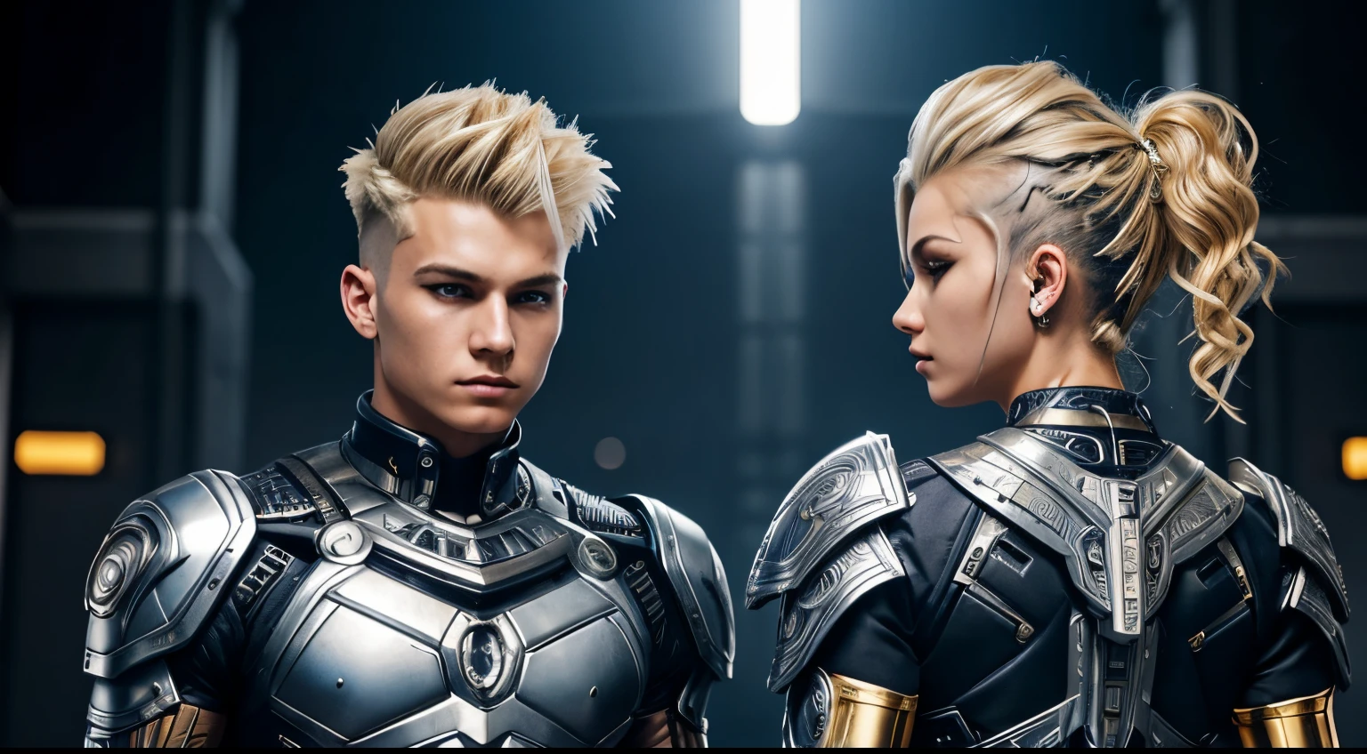Blond wavy mohawk hair ,Cyborg boy and girl, 16 years old, muscular,rvs silver and gold suit, blue details, intricate details, cyber punk, heavy makeup, body armour, no pants, action game style, back to each other