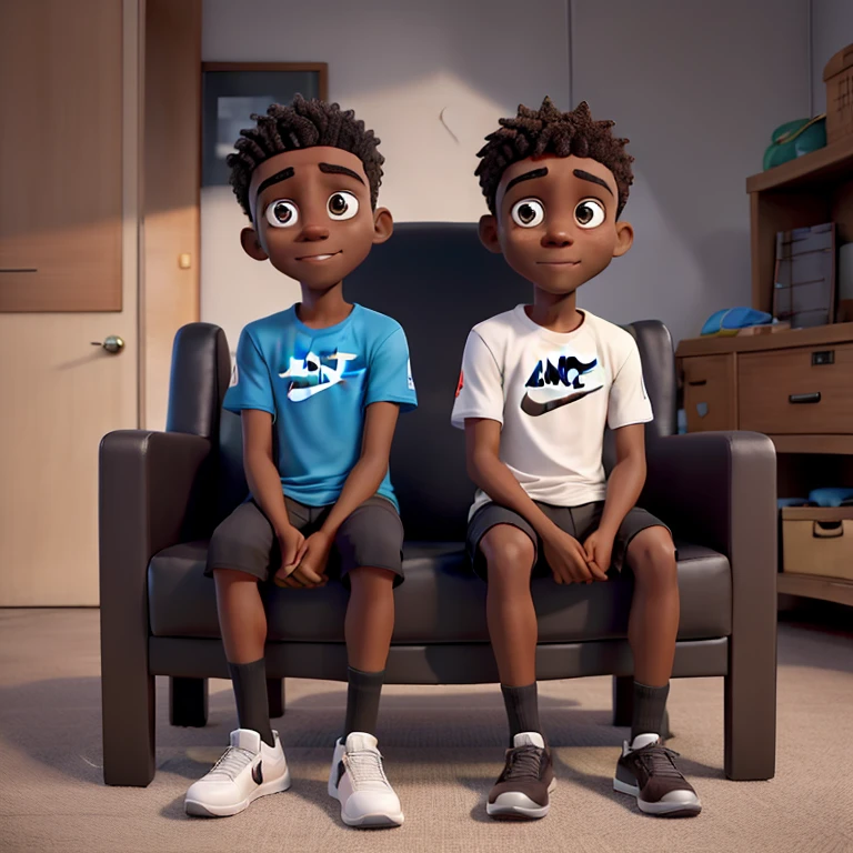 two dark-skinned boys sitting in an armchair, Nike boxes behind