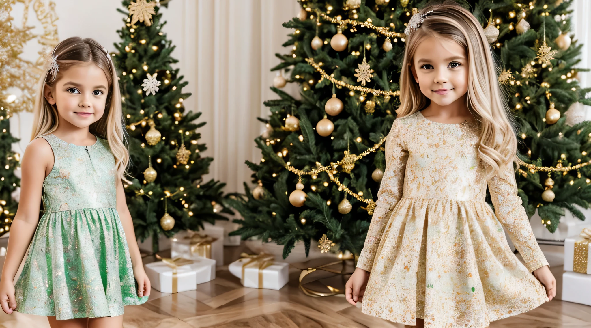 GIRL GIRL CHILD BLONDE , COM ROUPAS natalinas E DE FUNDO UMA ARVORE DE natal COM LUZES natalinas