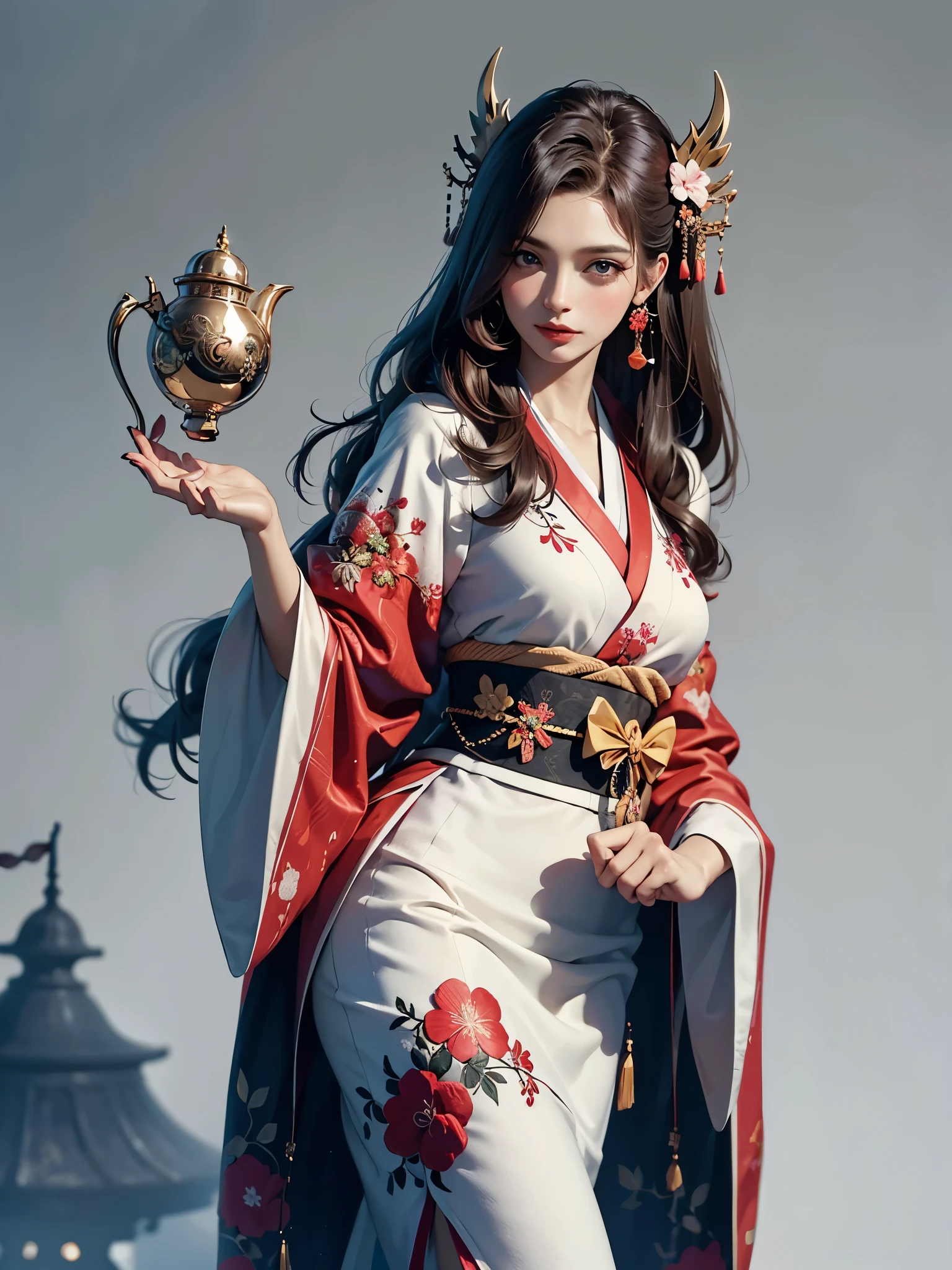 (masterpiece, top quality, best quality, official art, beautiful and aesthetic:1.2), (1girl),elaborate costume(Luxurious Japan kimono(Colorful kimono(detailed embroidery))), extreme detailed,(Fractal art),colorful,highest detailed,昼間のWestern castle in the background,having a tea party,
