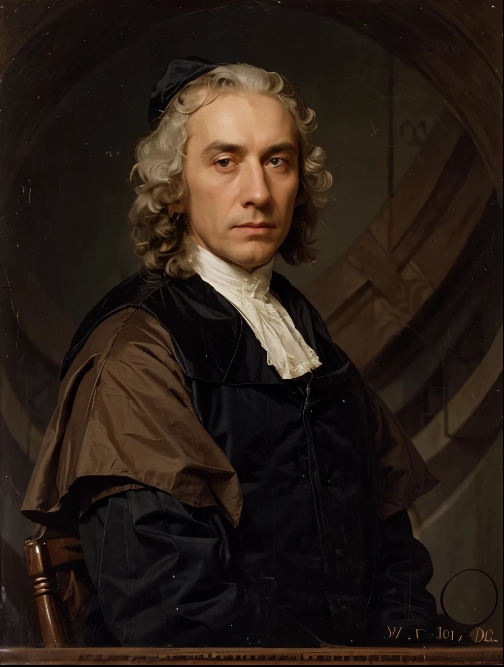 18th century male judge with white wig in court
