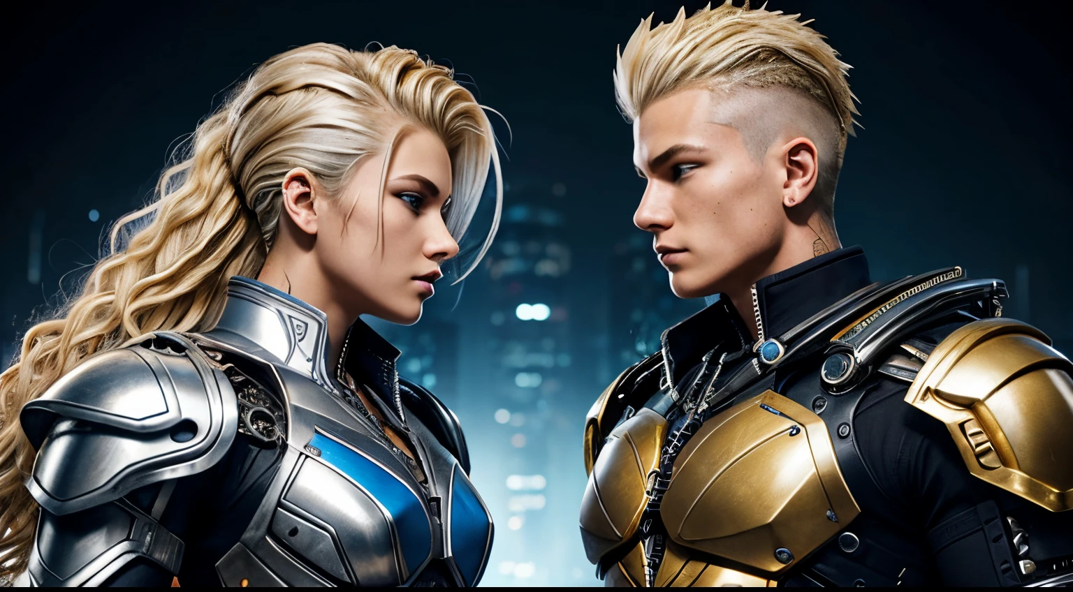 Blond wavy mohawk hair ,Cyborg boy and girl, 16 years old, muscular,rvs  silver and gold suit, blue details, intricate details, cyber punk, heavy makeup, body armour, no pants, action game style, side view