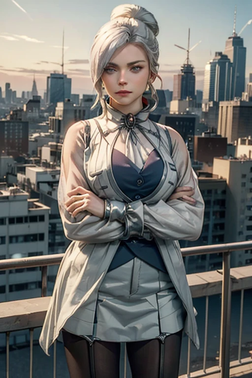 Beautiful tall woman with white hair and bluish eyes super realistic well detailed in the city