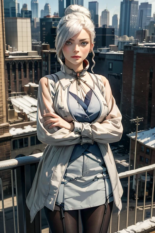 (masterpiece, best quality:1.2), cowboy shot, solo, 1girl, rwbywinter, expressionless, closed mouth, looking at viewer, crossed arms, hair over one eye, single hair bun, shirt, tie, business jacket , matching skirt, pantyhose, necklass, bangles, earrings, standing on balcony, cityscape background