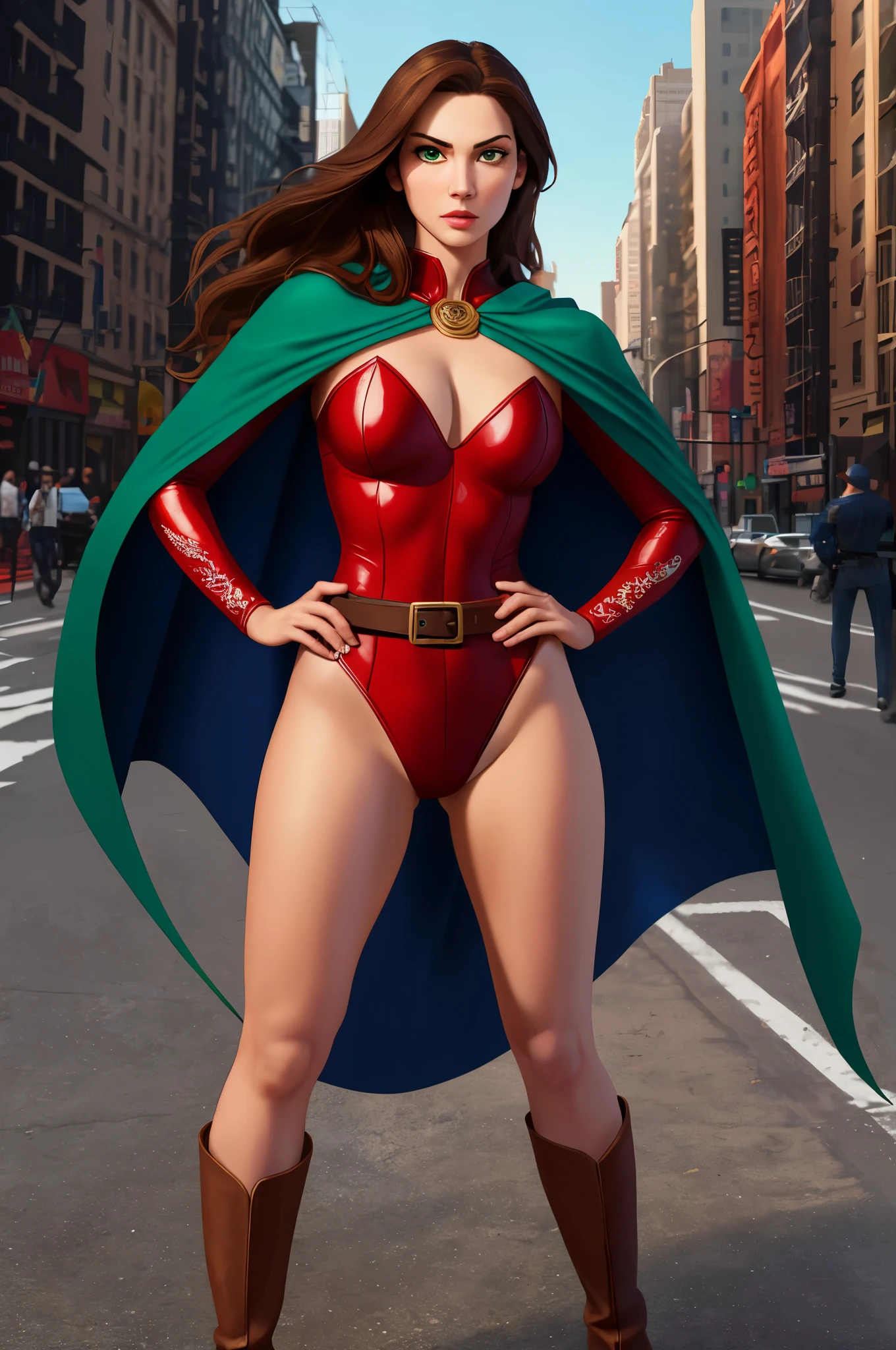 ((best quality)), ((masterpiece)), ((ultra realistic)), (dynamic heroic pose), american, beautiful detailed face, detailed eyes, sexy reporter, dressed in a red leotard, new york city backdrop, highly detailed, professional, bare legs, full body), hands on hip, standing, brown hair, medium hair, green eyes, matching boots, long sleeves, yellow hawk-shaped crest engraved on chest, blue cape, cowboy shot, belt
