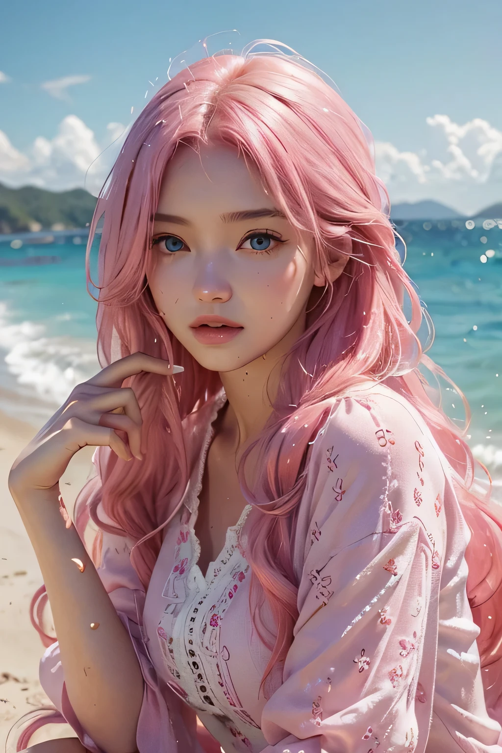 Beautiful girl, 19 anos, de origem americana, Ela tem um rosto angelical, Longas, cabelo rosa molhado, ela tem olhos azuis, she is drinking coconut water, on the beach she wears a pink crochet blouse, ela tem o rosto levemente, elegante, altamente realista, Pele rosa, natural thick and shiny lips, maquiagem natural para pele, leve sorriso, Feeling of lightness and joy, hiper-realismo, pele muito elaborada, Longas beautiful and shiny pink hair