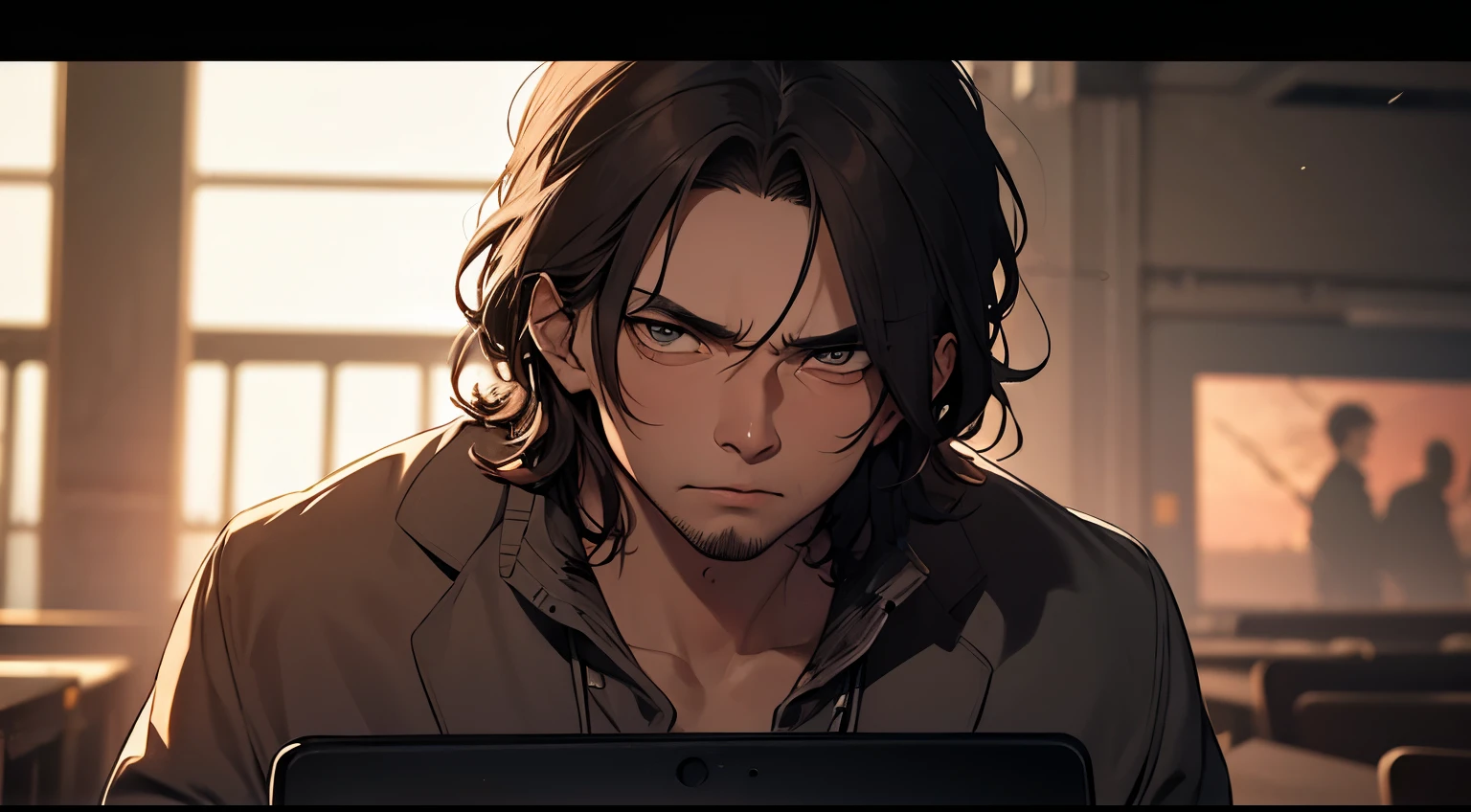 ((best quality)), ((masterpiece)), (detailed), perfect faceStaring at his screen with anger, Alexander let out a long sigh.