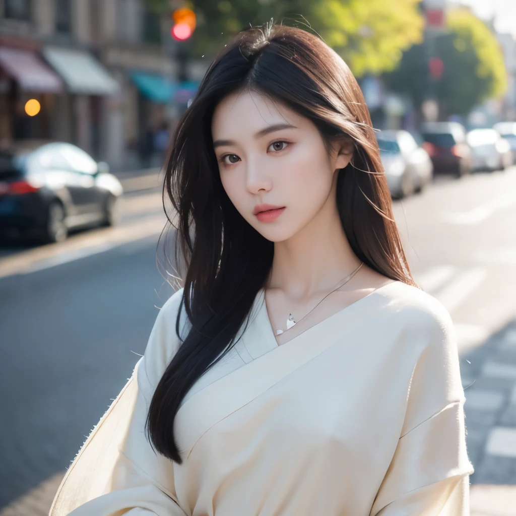 gorgeous Asian woman with dark hair, ((detailed facial features)), (finely detailed skin), pale skin, realistic skin texture, extreme skin details, best quality masterpiece, photorealistic, hyperrealistic, detailed, 8k, HDR, shallow depth of field, broad light, high contrast, backlighting, bloom, light sparkles, chromatic aberration, sharp focus, RAW color photo, city background