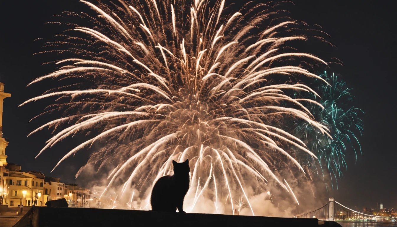 Gatto in strada come sfondo i fuochi d'artificio