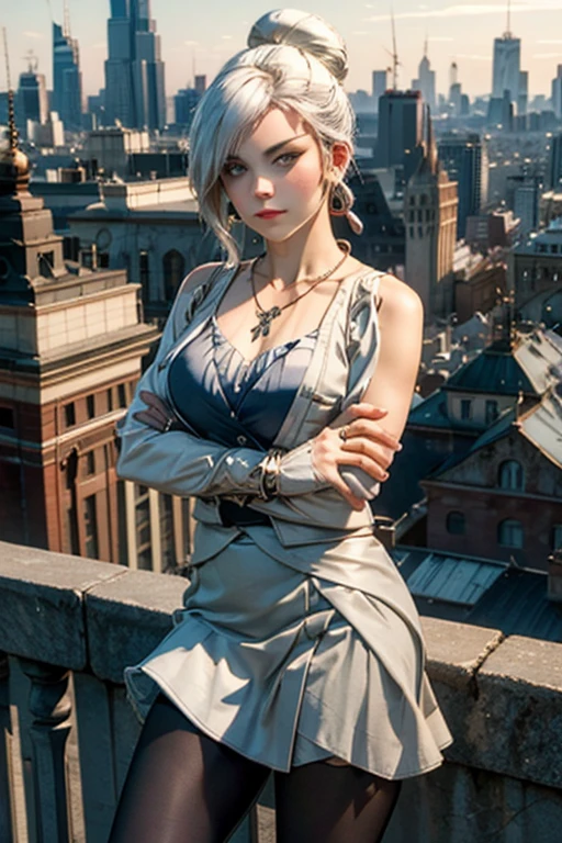 masterpiece, best quality:1.2), cowboy shot, solo, 1girl, rwbywinter, expressionless, closed mouth, looking at viewer, crossed arms, hair over one eye, single hair bun, t-shirt, skirt, pantyhose, necklace, bangles, earrings, standing on balcony, cityscape background