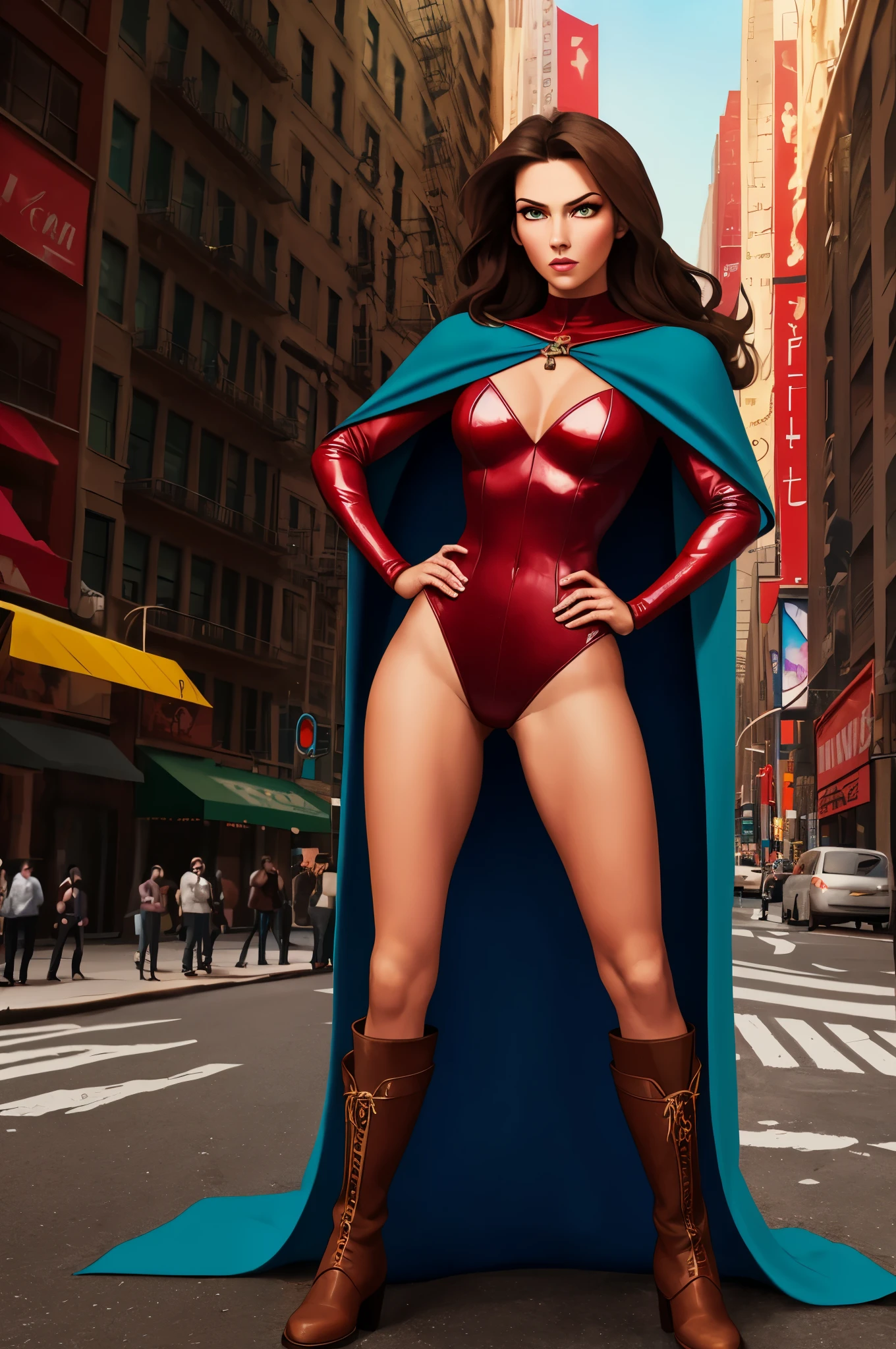 ((best quality)), ((masterpiece)), ((ultra realistic)), (dynamic heroic pose), american, beautiful detailed face, detailed eyes, sexy reporter, dressed in a red leotard, new york city backdrop, highly detailed, professional, bare legs, full body), hands on hip, standing, brown hair, medium hair, green eyes, matching boots, long sleeves, yellow hawk-shaped crest engraved on chest, blue cape, cowboy shot, belt