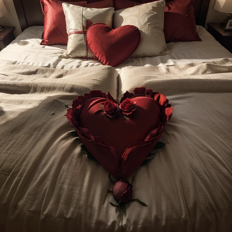 tmasterpiece,La mejor calidad en el mejor de los casos,Extremadamente intrincado,A heart and a red rose grows on the surface of a bed.,Luz y sombras realistas,full bloom,cinematic lighting, Trazado de rayos, claroscuro, Profundidad de campo, foto macro