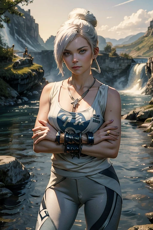 masterpiece, best quality:1.2), cowboy shot, solo, 1girl, rwbywinter, expressionless, closed mouth, looking at viewer, crossed arms, hair over one eye, single hair bun, t-shirt, yoga pants, necklace, bangles, earrings, standing near waterfall