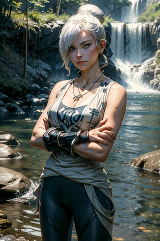 masterpiece, best quality:1.2), cowboy shot, solo, 1girl, rwbywinter, expressionless, closed mouth, looking at viewer, crossed arms, hair over one eye, single hair bun, t-shirt, yoga pants, necklace, bangles, earrings, standing near waterfall