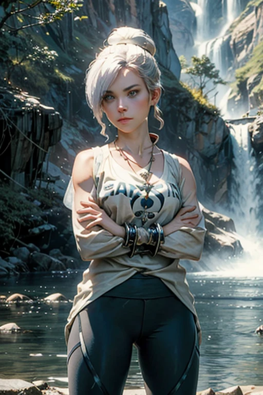 masterpiece, best quality:1.2), cowboy shot, solo, 1girl, rwbywinter, expressionless, closed mouth, looking at viewer, crossed arms, hair over one eye, single hair bun, t-shirt, yoga pants, necklace, bangles, earrings, standing near waterfall